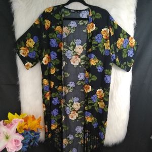 Asos Black Multi Color Floral Open Short Sleeve Fringed Robe Cover Up Size 8